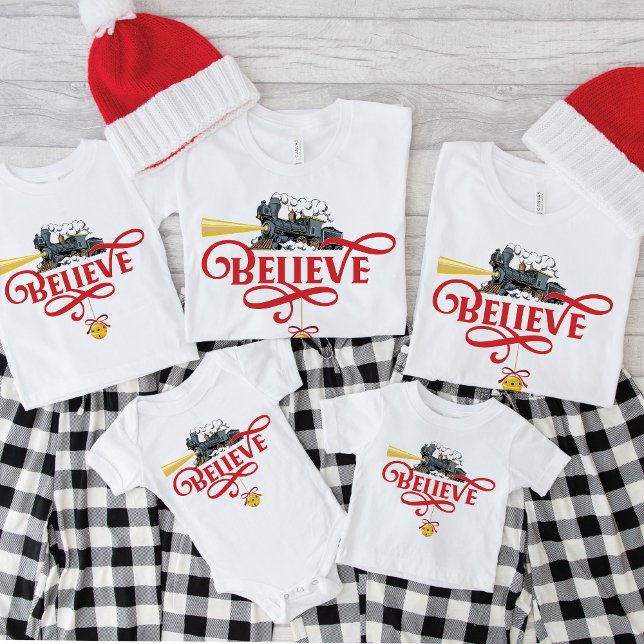TRO Julexpressmatchningsfamiljen Tåg T Shirt (Matching Family Christmas T-Shirts, Red Believe, Holiday Express Train, Locomotive, north pole, bell)