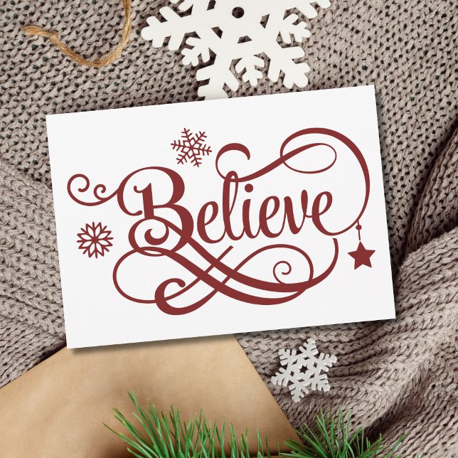 Tro julkort Red Snöflingor Stars (Believe Christmas Card Personalize your own message. Printed or digital instant download)