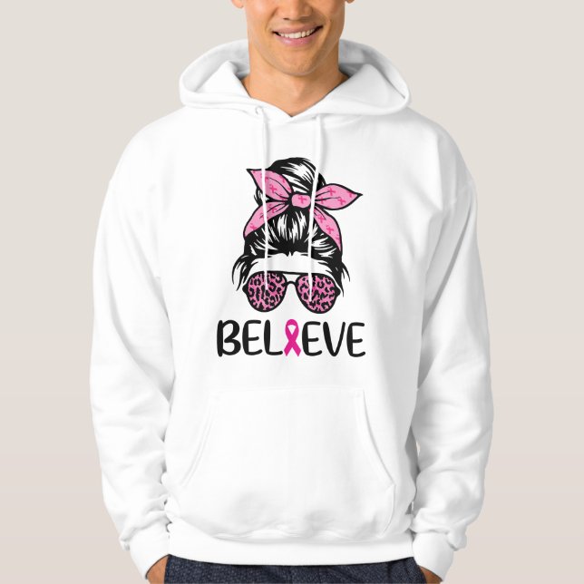 Tro Messy Bun Leopard Band Bröstcancer Awa Hoodie (Framsida)