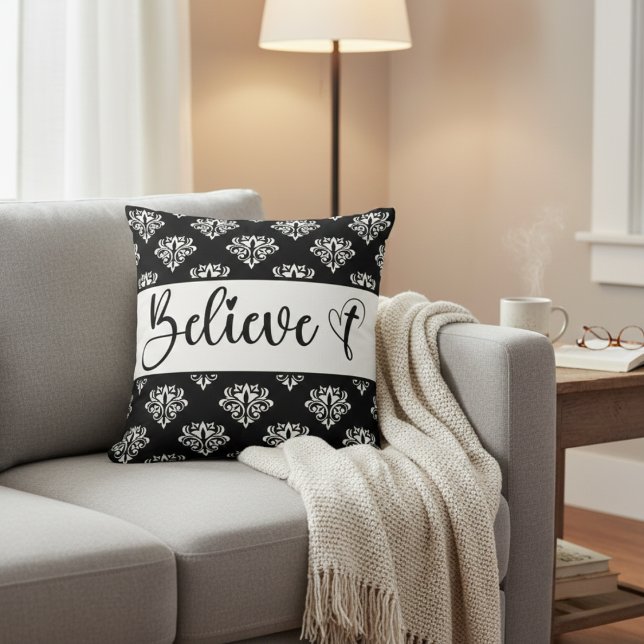 Tro Modern Script Black White Damask Christian Kudde (Believe Modern Script Black White Damask Christian Throw Pillow)