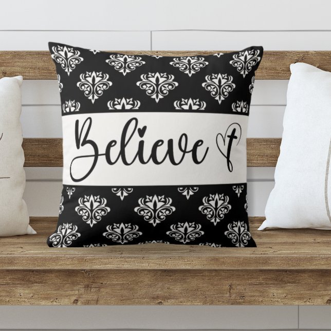 Tro Modern Script Black White Damask Christian Kudde (Skapare uppladdad)