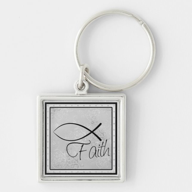 Tro och Jesus fisk (Ichthus) Fyrkantig Silverfärgad Nyckelring (Framsidan)