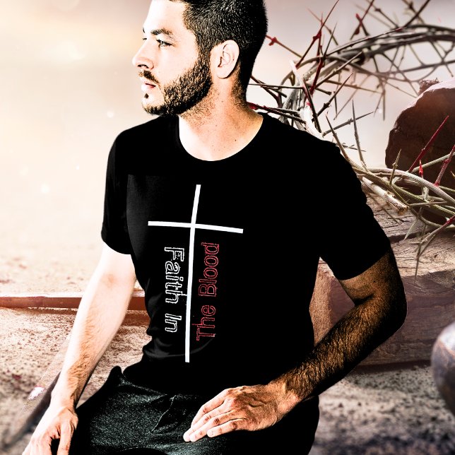 Tro på blodet Vit kors kristen T Shirt (Christian Cross Faith in the Blood Black Men's T-Shirt)