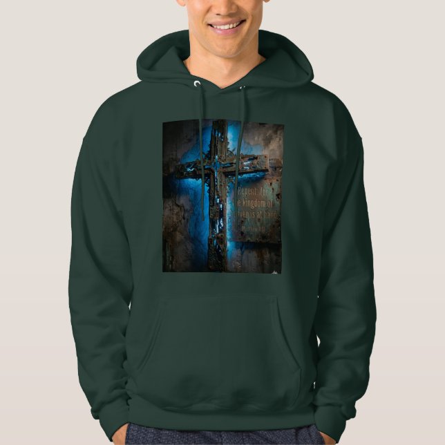 Tro på Kristus Allt – Metalliskt Kors Hoodie (Framsida)