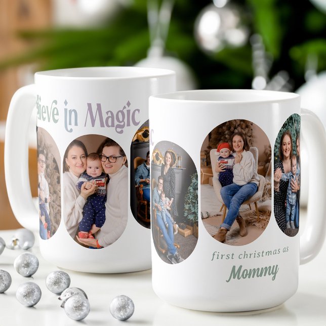Tro på Magic 5 Round Lozenge Photo New mamma Kaffemugg (Believe in Magic first christmas with new baby 5 photo mug  Rounded Lozenge Photo Collage collection)