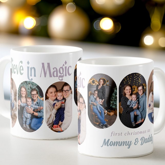 Tro på Magic 6 Round Lozenge Photo Nyfödd bebis Kaffemugg (Believe in Magic First Christmas New Parents 6 photo mug - Rounded Lozenge Photo Collage collection)