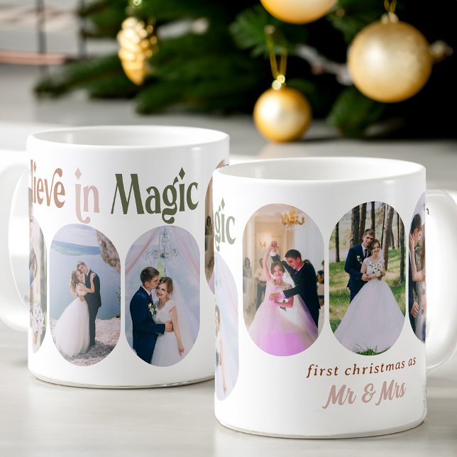 Tro på Magic 6 Rounds Lozenge Photo Newlyged Kaffemugg (Believe in Magic First Christmas Married from my Rounded Lozenge Photo Collage collection)