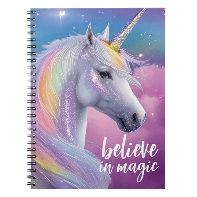 Tro på Magic Pastel Rainbow Glitter Unicorn Anteckningsbok (Framsidan)