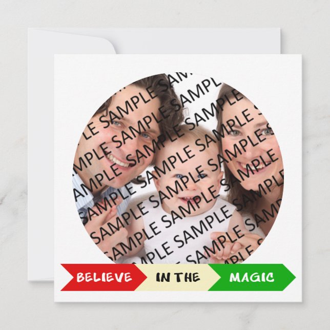 Tro på magiska julklappar med platt fotoport julkort (Framsida)