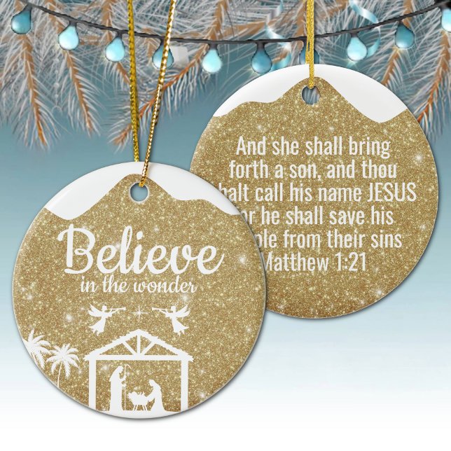 Tro på underverket Krubba Gudomlig Passage ⛪️ 🎄 Julgransprydnad Keramik (Custom Believe in the wonder Religious Holiday Ceramic Ornament with golden sparkle Nativity Scene ✞)