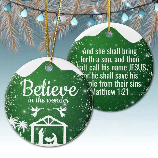 Tro på undret Manger Divine Passage ⛪️ 🎄 Julgransprydnad Keramik (Believe in the wonder, Religious Holiday Ceramic Ornament with green star sparkle, Nativity Scene ✞)