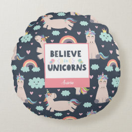 Tro på Unicorns Blue och Rosa Girl Girl Mönster Ki Rund Kudde