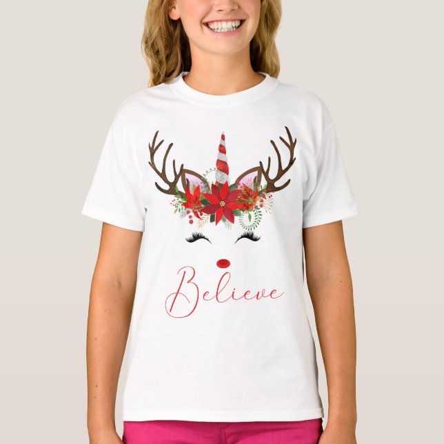 Tro Red & White Poinsettia Reindeer Unicorn T Shirt (Framsida)