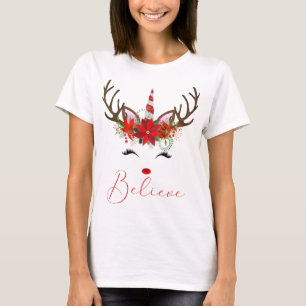 Tro Red & White Poinsettia Reindeer Unicorn T Shirt
