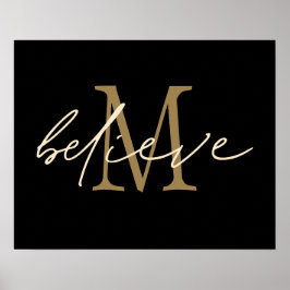 Tro Skript Guld Monogram Initial Svart Poster