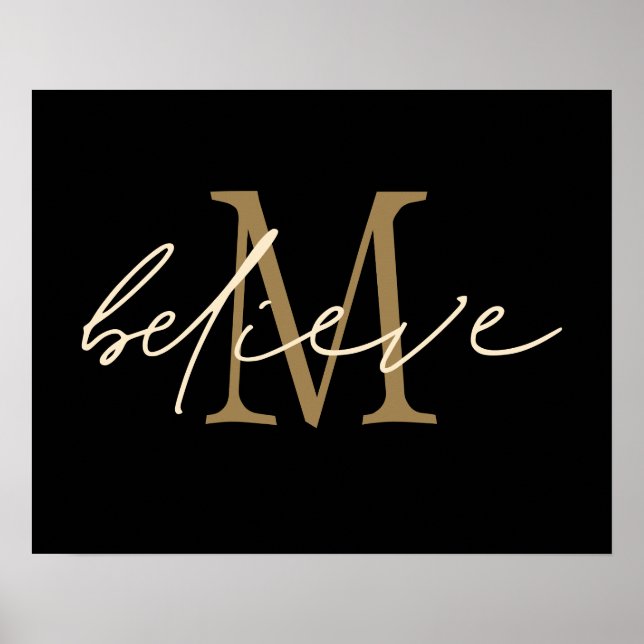 Tro Skript Guld Monogram Initial Svart Poster (Framsidan)