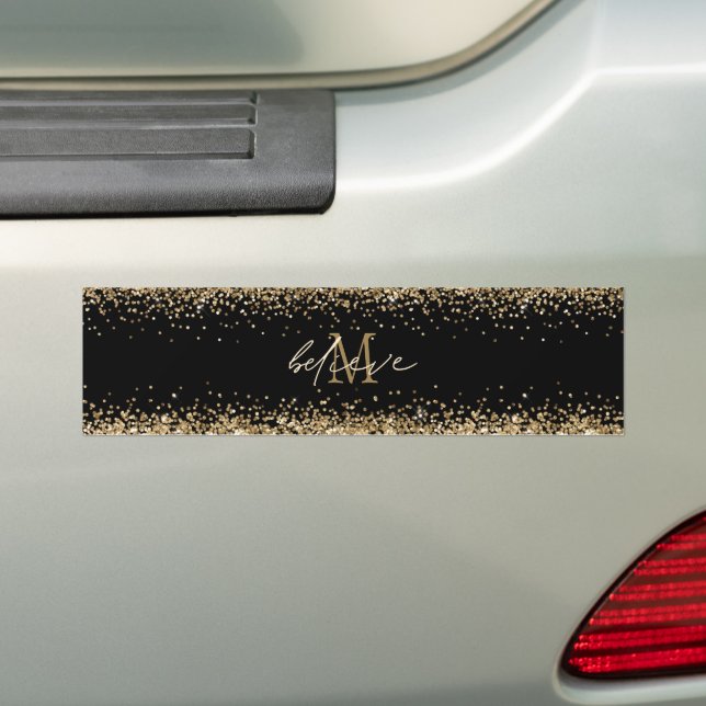 Tro skript Monogram Initial Guld Glitter Black Bildekal (På Bil)