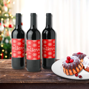 Tro Snöflinga Röd Vit Jul Vinflaska Etikett
