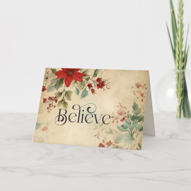 "Tro" Vintagen Poinsettia Bible Verse Helgkort (Framsida)