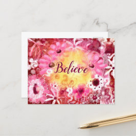 Tro Whimsic Blommigt Rosa Red Flowers Gult Vykort