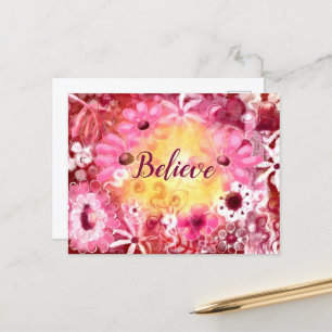 Tro Whimsic Blommigt Rosa Red Flowers Gult Vykort