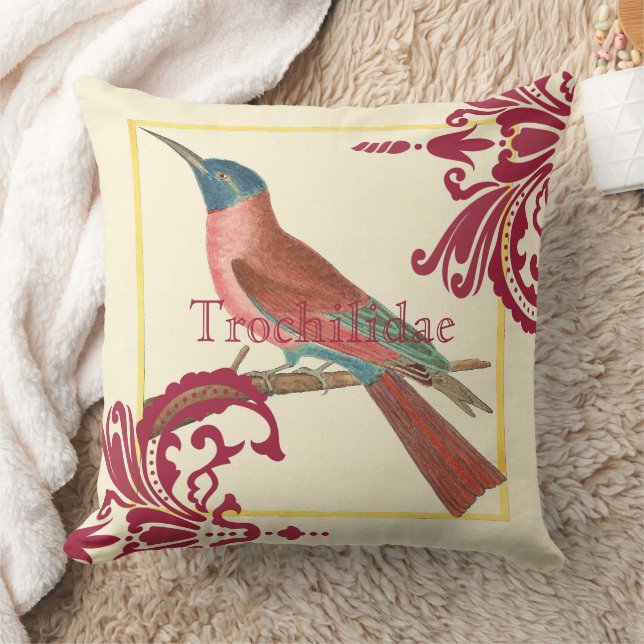 Trochilidae Vintage Hummingbird Raspberry Damask Kudde (Filt)