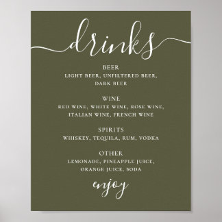 Trög Olivgrön Bröllopsbar | Modern Dryckesmeny Poster