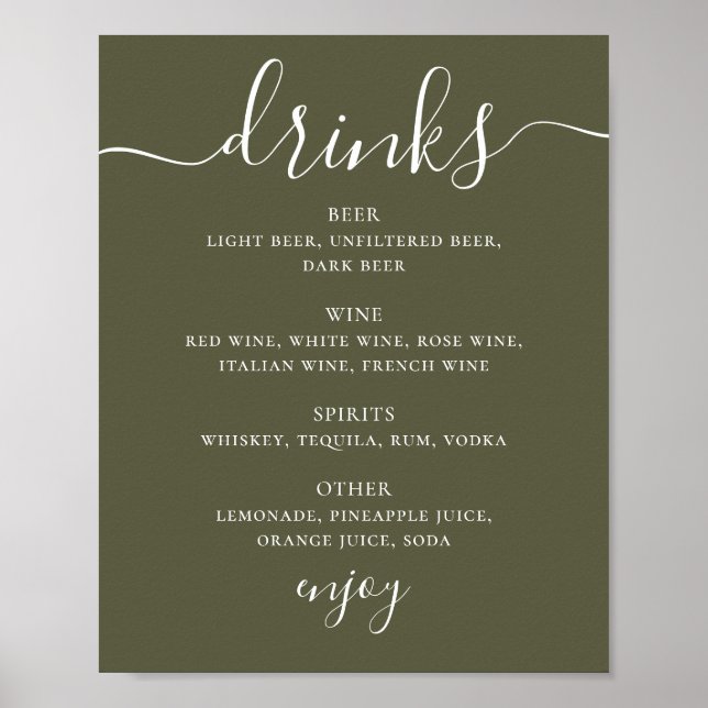 Trög Olivgrön Bröllopsbar | Modern Dryckesmeny Poster (Framsidan)