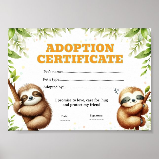 Trögdjur adoptera ett husdjur certifikat redigerba poster (Framsidan)
