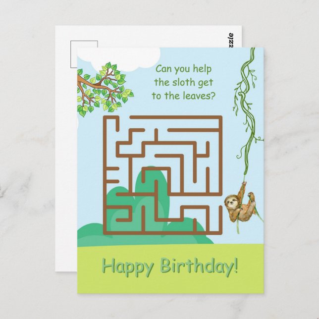 Trögdjur och blad, labyrint pussel födelsedag vyko vykort (Fram/baksida)