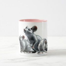Trois souris grises en 3D cherchent à manger. Mugg
