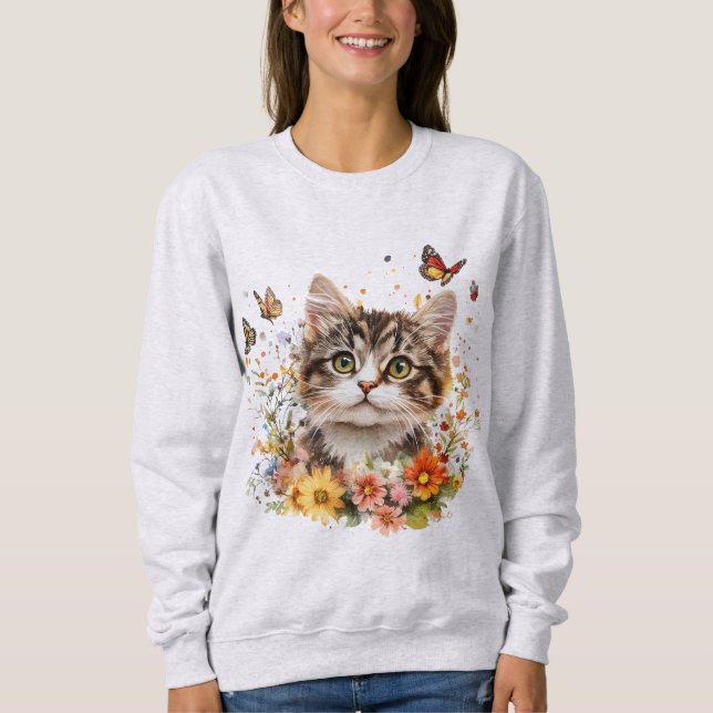 Tröja med söt kattunge med blommor (Framsida)