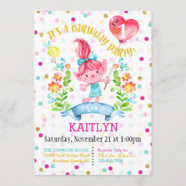 Troll Girl Flowers Balloon First Birthday Inbjudningar