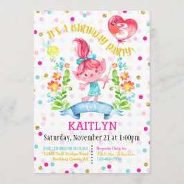 Troll Girl Flowers Balloon Third Birthday Inbjudningar