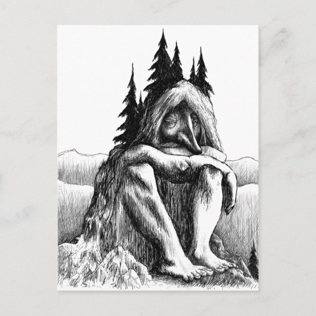 Trollbeskrivningstroll tänker inte mycket fastar. vykort (Framsida)