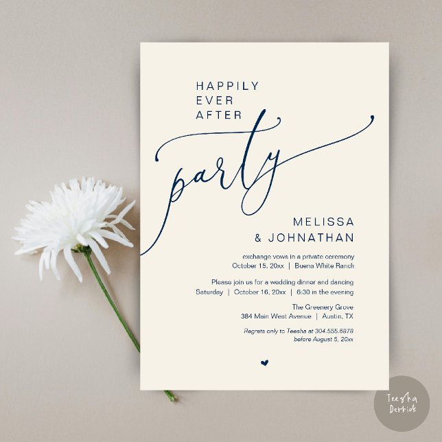 Trollbindande Efterfest Romantisk Bröllopsmiddag Inbjudningar (Happily Ever After Party Romantic Wedding Dinner Invitation Card in Navy Blue and Ivory)