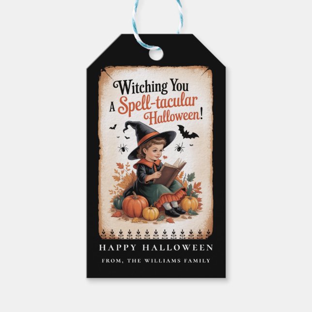 Trollbindande Halloween-Häxa Vintage-Pumpa Presentetikett (Framsidan)