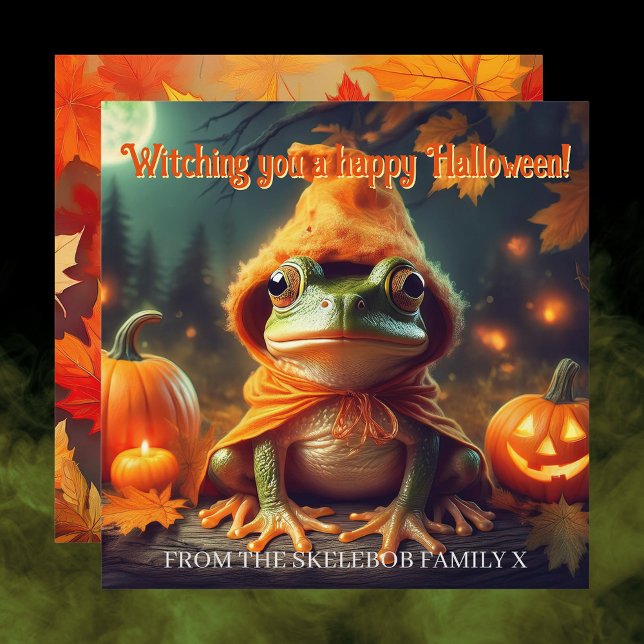 Trolldrycks-Mästare Lärling Excentrisk Groda Hallo Kort (Witch Frog Orange Pumpkin Spooky Cute Halloween card Autumn Leaves Family Halloween Witchy Aesthetic)
