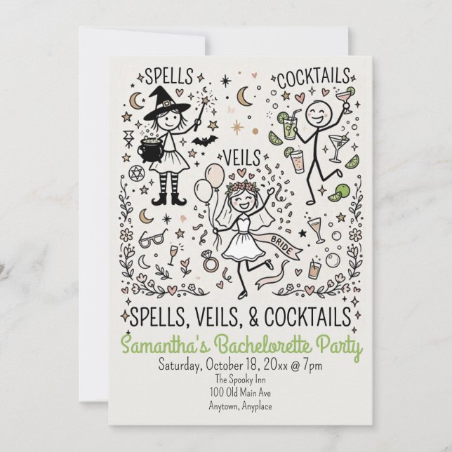 Trollformler, slöjor och cocktails möhippa inbjudningar (Framsida)