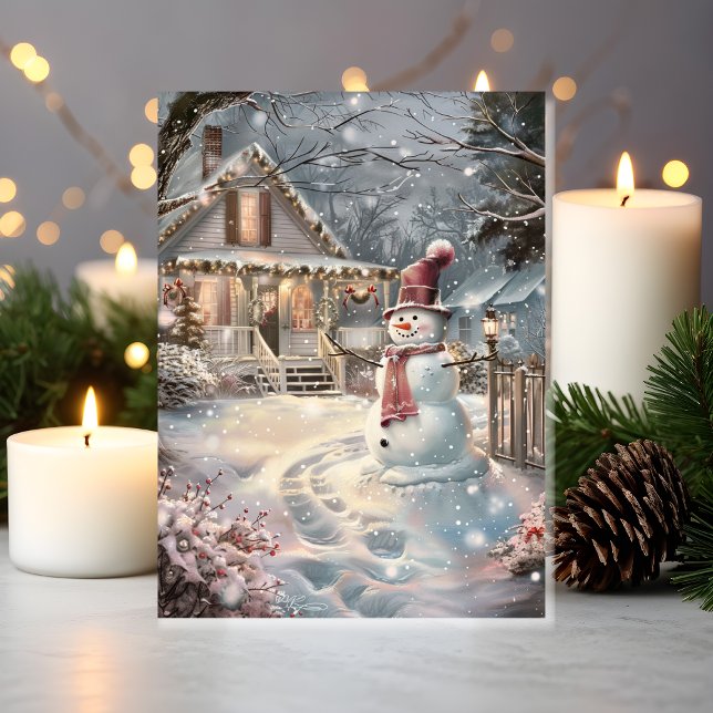 Trolligt mysigt julhus med snöman kort (Snowman Smiles & Cozy Vibes in Front of a Holiday-Ready Home)