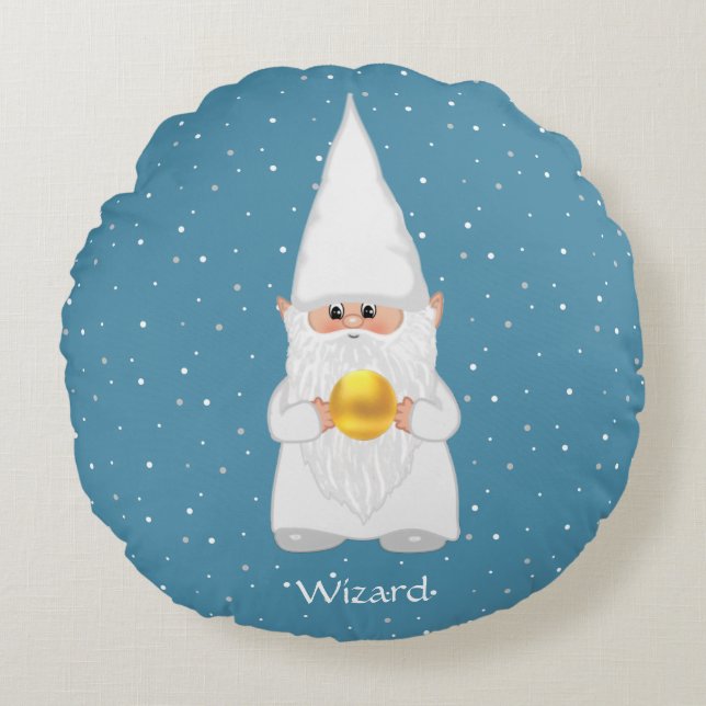 Trollkarl Gnome & Guld på Safirblå Rund Kudde (Framsidan)