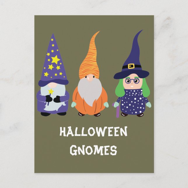 Trollkarl Pumpa Häxa Halloween Gnomes Högtid Vykort (Framsida)