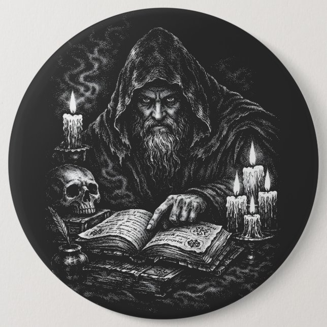 Trollkarl som studerar Grimorium — av BurnsInHell Knapp (Framsida)