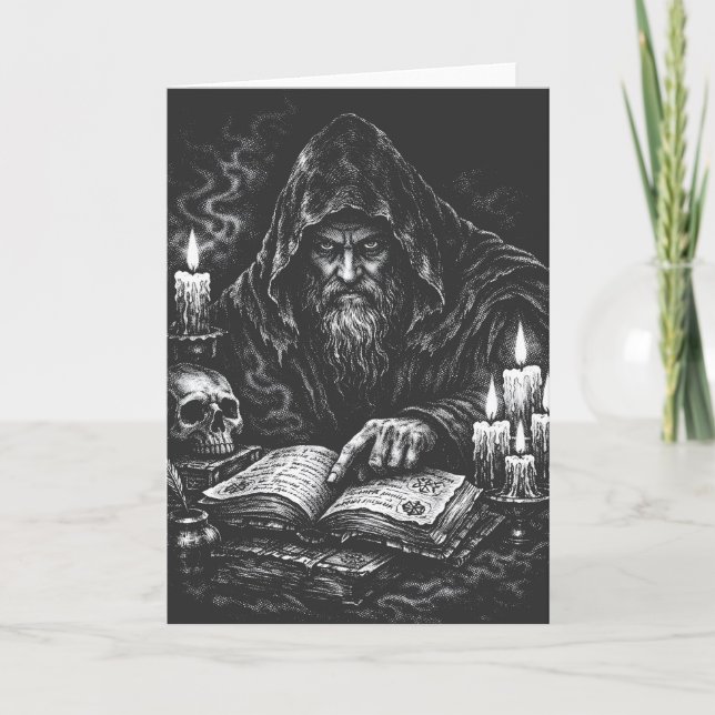 Trollkarl som studerar Grimorium — av BurnsInHell Kort (Framsida)