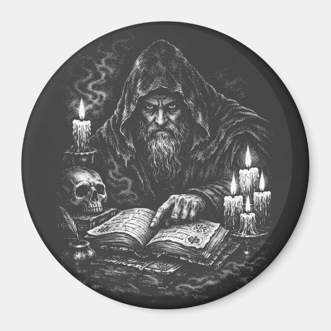 Trollkarl som studerar Grimorium — av BurnsInHell Magnet (Framsidan)