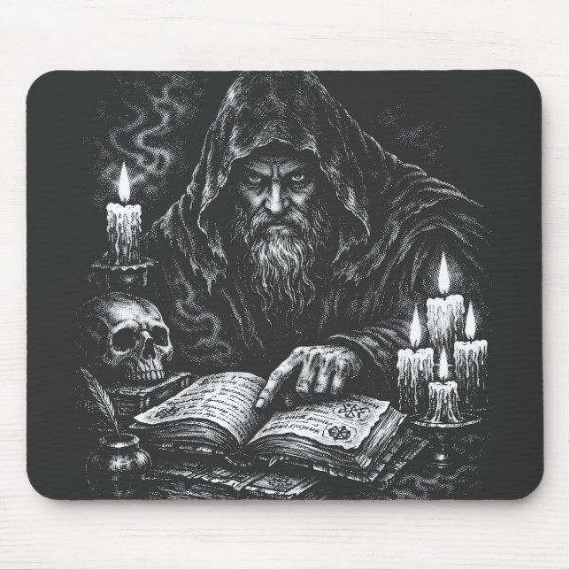 Trollkarl som studerar Grimorium — av BurnsInHell Musmatta (Framsidan)