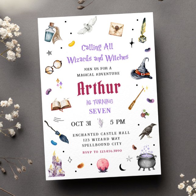 Trollkarlar och häxor Vattenfärg Magi Födelsedag Inbjudningar (Skapare uppladdad)