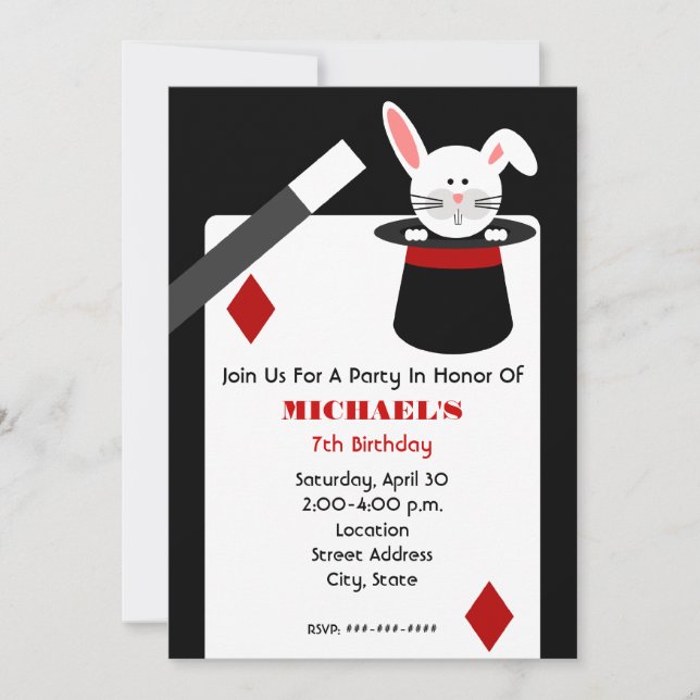 Trollkarlfödelsedag - kanin i hatt & lekakort inbjudningar (Framsida)