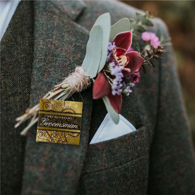 TROLLOPE Boho lila spiraler guld vigsel knappar (GROOMSMAN Boho Purple Spiral Dots Stylish Gold Wedding Party Pinback Button @ fat_fa_tin)