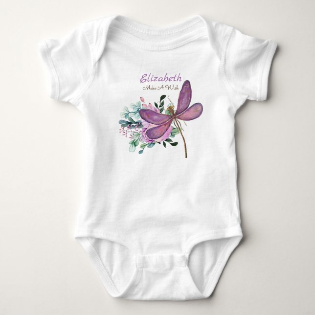 Trollslända Gör En Önskning Lila NAMNAD Ny Babypre T Shirt (Framsida)